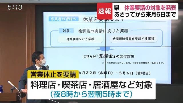 県 休業要請の対象を発表 22日から来月6日まで【佐賀県】