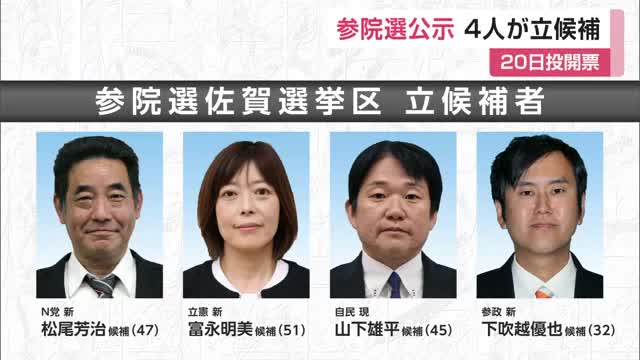参院選公示 4人が立候補し選挙戦スタート 20日に投開票【佐賀県】